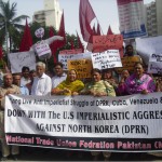 Karachi, Pakistan, May 2013: Pakistani trade unionists and leftists hold a determined rally in defence of the DPRK. Speakers and slogans at the rally not only hailed North Korea’s struggle against imperialist aggression but pointed to its socialist foundations. Unlike in imperialist countries like Australia, where anti-communist media propaganda has at the moment bred popular suspicion of North Korea, North Korea’s defiance of imperialist threats has won it much sympathy from the masses of the many ex-colonial countries (like Pakistan) still suffering under neocolonial domination. Politically aware sections of the masses in “Third World” capitalist countries like Pakistan are also aware that despite the DPRK being ground down by sanctions and imperialist encirclement, workers in socialistic North Korea enjoy more humane working conditions and better access to health care, education and housing than they do in their own countries. A pro-working-class, DPRK solidarity movement needs to be built in Australia by cutting through the anti-DPRK propaganda and by pointing to the pro-working class character of the DPRK state.