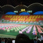 A scene from North Korea’s Arirang festival where thousands of people take part in a beautifully choreographed combination of dance, music, gymnastics and drama. The background which changes throughout the performance is a mosaic created by 30,000 students holding flags.