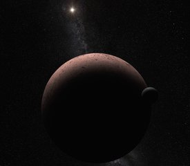 This artist's concept shows the distant dwarf planet Makemake and its newly discovered moon. Makemake and its moon, nicknamed MK 2, are more than 50 times farther away than Earth is from the sun.