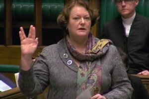 The Scottish National Party MP Philippa Whitford gives a Vulcan salute during a debate on the future of the UK space industry in the House of Commons, London, 14th January, 2015.