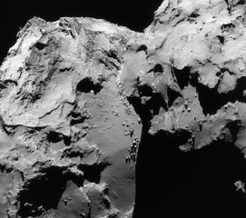 Single frame enhanced NavCam image taken on 17 June 2016, when Rosetta was about 30.8 km from the centre of the nucleus of Comet 67P/Churyumov-Gerasimenko.