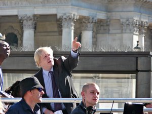 Boris Johnson unveils the new Nelson's ship in a bottle in Trafalgar Square.