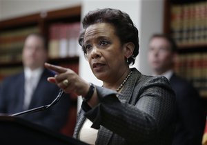 Loretta Lynch, U.S. Attorney for the Eastern District of New York, speaks during a news conference in New York, Monday, April 28, 2014. Lynch announced an indictment against U.S. Rep. Michael Grimm, who was taken into custody Monday to face federal charges following a two-year investigation of his campaign financing.