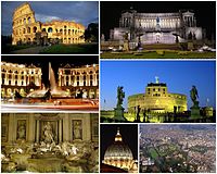 Views o Roum, frae tap left clockwise: the Colosseum, the Monument tae Vittorio EmanueleII, the Castel Sant'Angelo, an aerial view o the ceety's historic centre, the dome o St.Peter's Basilica, the Trevi Foontain, the Piazza della Repubblica.