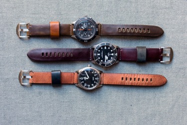 Various examples of Worn & Wound Model 1 Horween leather straps, available in eight colours (note, main watch cases not ...