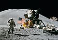 Apollo 15 flag, rover, LM, Irwin cropped.jpg