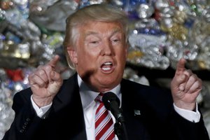 Republican presidential candidate Donald Trump speaks during a campaign stop, Tuesday, June 28, 2016, at Alumisource, a metals recycling facility in Monessen, Pa.