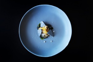 Black sesame custard with mandarin, star anise and kaffir lime oil.