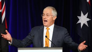 Australian Prime Minister Malcolm Turnbull addresses party supporters during a rally in Sydney, Sunday, July 3, 2016, following a general election.