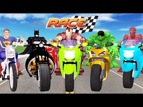 Bike Racing Videos For Children By Spiderman Ironman Hulk Batman Superman Cartoons