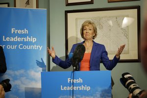 British ruling Conservative Party Member of Parliament Andrea Leadsom launches her campaign to be the party's new leader in London, Monday, July 4, 2016.