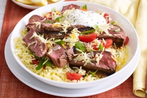 Garam masala beef with saffron, mint and tomato rice