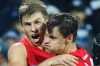 Milestone:  Kieren Jack celebrates a goal with Callum Sinclair.