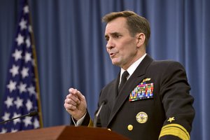 Pentagon Press Secretary Navy Rear Adm. John Kirby briefs reporters at the Pentagon