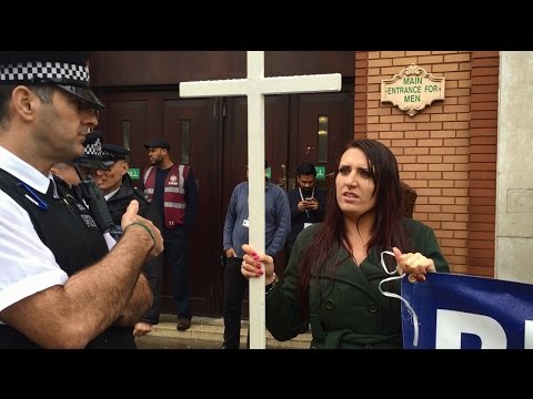 EAST LONDON MOSQUE: Muslim spits in Jayda Fransen's face! Policeman mocks Christianity!