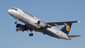 Lufthansa Airbus A320-211 taking off at Stuttgart Airport, Germany