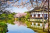 Kyoto, Japan at Heian Shrine's pond in the spring season.