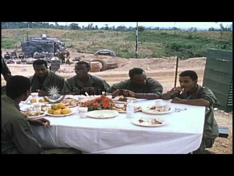 United States Army Soldiers eat Thanksgiving Dinner in Vietnam HD Stock Footage