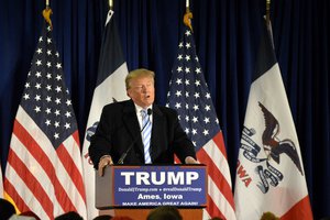 Republican presidential candidate Donald Trump speaks at a rally where he was endorsed by former Alaska Gov. Sarah Palin at Iowa State University in Ames, Iowa on Tuesday, Jan. 19, 2016.