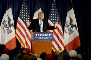 Republican presidential candidate Donald Trump speaks at a rally where he was endorsed by former Alaska Gov. Sarah Palin at Iowa State University in Ames, Iowa on Tuesday, Jan. 19, 2016.