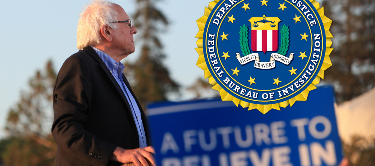 Composite image. Bernie Sanders photo by Shelly Prevost. FBI logo via Wikipedia.