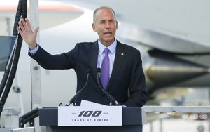 Dennis Muilenburg, president and CEO of the Boeing Company, speaks Friday, July 15, 2016, during a ceremony marking the 100th Anniversary of the Boeing Co., in Seattle