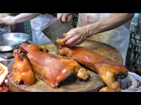 Hong Kong Street Food. Chopping Piglets, Ducks, Pigeons, Chickens in Sham Shui Po