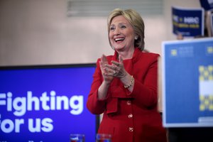 Former Secretary of State Hillary Clinton speaking with supporters at a "Get Out the Caucus" rally at Valley Southwoods Freshman High School in West Des Moines, Iowa, presidential campaign 2016, United States