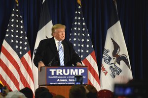 Republican presidential candidate Donald Trump speaks at a rally where he was endorsed by former Alaska Gov. Sarah Palin at Iowa State University in Ames, Iowa on Tuesday, Jan. 19, 2016.