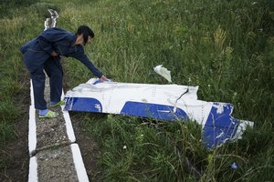 File - In a Tuesday, July 14, 2015 photo, an employee of a water station examines large piece of the MH17 plane, which had not been taken away at the Malaysian Airlines MH-17 plane crash site toward Hrabove village, eastern Ukraine.