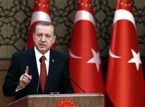 Turkey's President Recep Tayyip Erdogan addresses a meeting in Ankara, Turkey