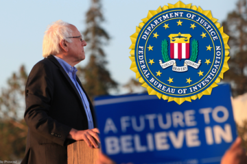 Composite image. Bernie Sanders photo by Shelly Prevost. FBI logo via Wikipedia.