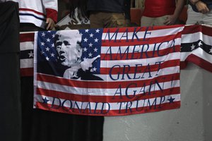 Flag supporting Donald Trump at a rally at Veterans Memorial Coliseum at the Arizona State Fairgrounds in Phoenix, Arizona, United States, presidential campaign 2016