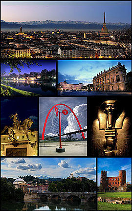 From top to bottom, left to right: panorama of the Mole Antonelliana, Valentino Park with the medieval village, Piazza Castello with Palazzo Reale and Palazzo Madama, San Carlo Square with the Caval ëd Bronz, the Arco Olimpico and the Lingotto, the sarcophagus of Oki at the Egyptian Museum, a view of the hills, the Po, the Gran Madre, the Monte of Cappuccini and Palatine Towers.