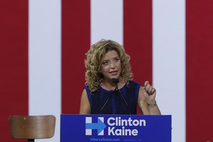 In this Saturday, July 23, 2016 photo, DNC Chairwoman, Debbie Wasserman Schultz speaks during a campaign event for Democratic presidential candidate Hillary Clinton during a rally at Florida International University Panther Arena in Miami.