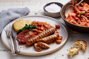 Grilled beef sausages with homemade baked beans