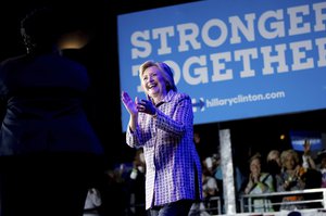 Democratic presidential candidate Hillary Clinton arrives to speak to volunteers at a Democratic party organizing event at the Neighborhood Theatre in Charlotte, N.C., Monday, July 25, 2016.