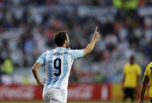 Argentina's Gonzalo Higuain celebrates after scoring his team;s first goal during a Copa America Group B soccer match against Jamaica at the Sausalito Stadium