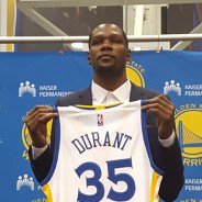 Lee Hubbard, right, is one of the reporters talking with Kevin Durant in this frame from KTVU’s coverage of the introductory press conference.