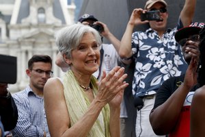 Dr. Jill Stein, presumptive Green Party presidential nominee, speaks at a rally in Philadelphia, Tuesday, July 26, 2016, during the second day of the Democratic National Convention.