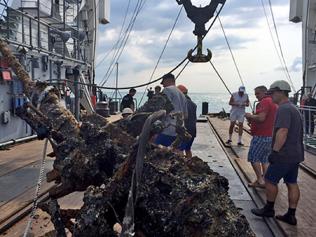 Picture: CEN/Australscope ONLINE USE ONLY Pic shows: wreckage that has been pull out from the sea. Naval archaeologists and military enthusiasts are excited by the news that a Nazi boat from WW2 has been found in the seas off Crimea. The Russian ministry of defence reported the find of the vessel which went down in 1943.