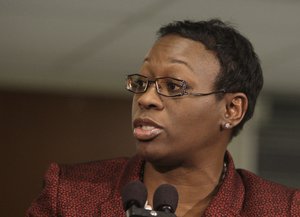 FILE - then-Ohio state Sen. Nina Turner speaks after Ohio Gov. John Kasich's State of the State address at Wells Academy/Steubenville High School in Steubenville, Ohio.