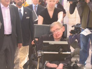 Prof. Stephen Hawking on his way to a lecture before highschool students in Jerusalem