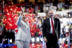 Democratic presidential candidate Hillary Clinton and Democratic Vice Presidential candidate, Sen. Tim Kaine, D-Va., right, stand on stage together during the fourth day session of the Democratic National Convention in Philadelphia , Thursday, July 28, 2016.