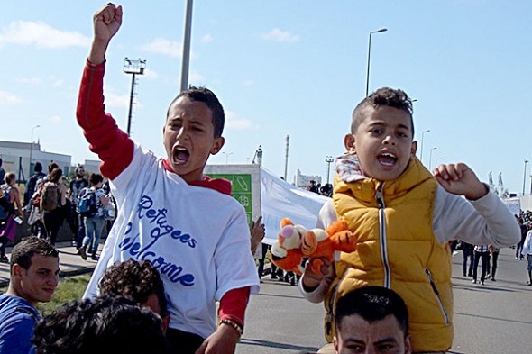 Children on a refugee protest in Calais (Photo: Geoff Dexter)