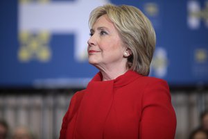 Former Secretary of State Hillary Clinton speaking with supporters at a "Get Out the Caucus" rally at Valley Southwoods Freshman High School in West Des Moines, Iowa, 24 January 2016