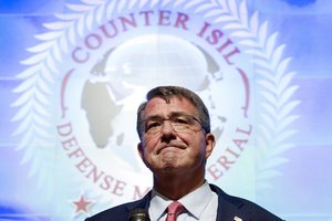 Defense Secretary Ash Carter holds a news conference at the close of the Global Coalition to Counter ISIL Meeting at Andrews Air Force Base, Md., Wednesday, July 20, 2016. Defense and foreign ministers from more than 30 nations are gathering in Washington to plan the next steps in the fight against the Islamic State group and to determine what more they can do as the fights for key cities in Iraq and Syria move forward. (AP Photo/Cliff Owen)