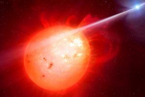 An artists impression of the exotic binary system AR Scorpii, with a compact white dwarf star (right) flogging its ...