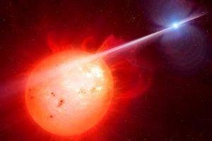 An artistâs impression of the exotic binary system AR Scorpii, with a compact white dwarf star (right) flogging its ...