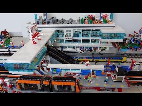 Huge Lego train station MOC of 25000 bricks with Lego monorail and bus platforms